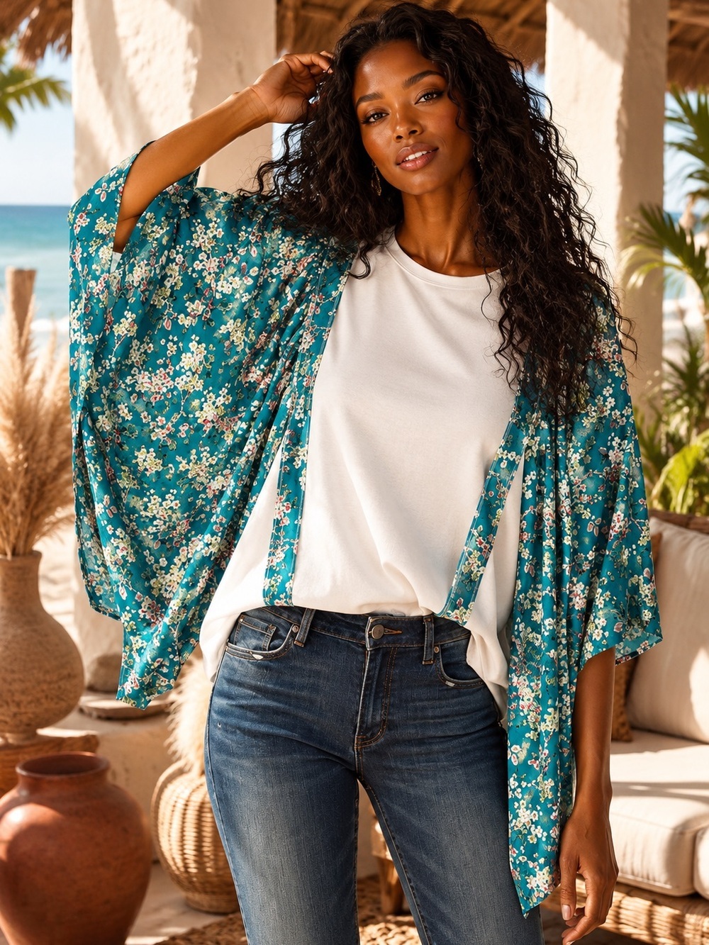 Teal Floral Kimono Cardigan shirt